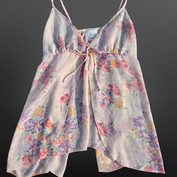 Vintage 80s Pink Floral Babydoll Lingerie Top Camisole Size L Split Front Fairy - Picture 3 of 7